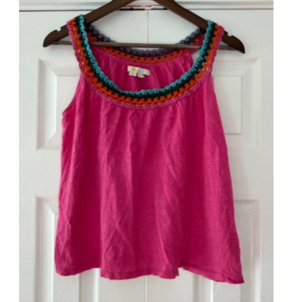 Boden Pink 100% Linen Crochet Trim Tank Top US 4 Boho Sleeveless